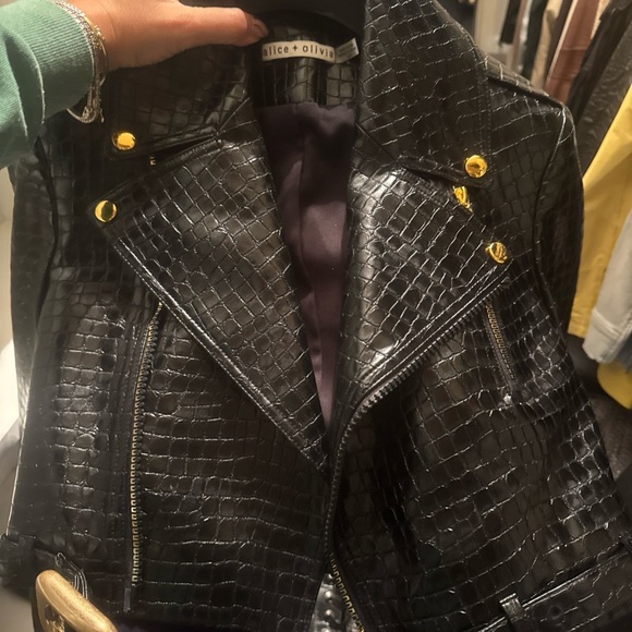 Alice + Olivia Black Croc-Pattern Leather Jacket - Picture 3 of 5